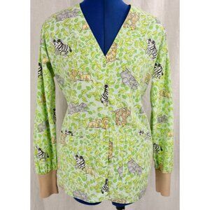 Melrose Mayhill Scrub Top Women's XS Green Safari Animal Leaf Print Medical VTG